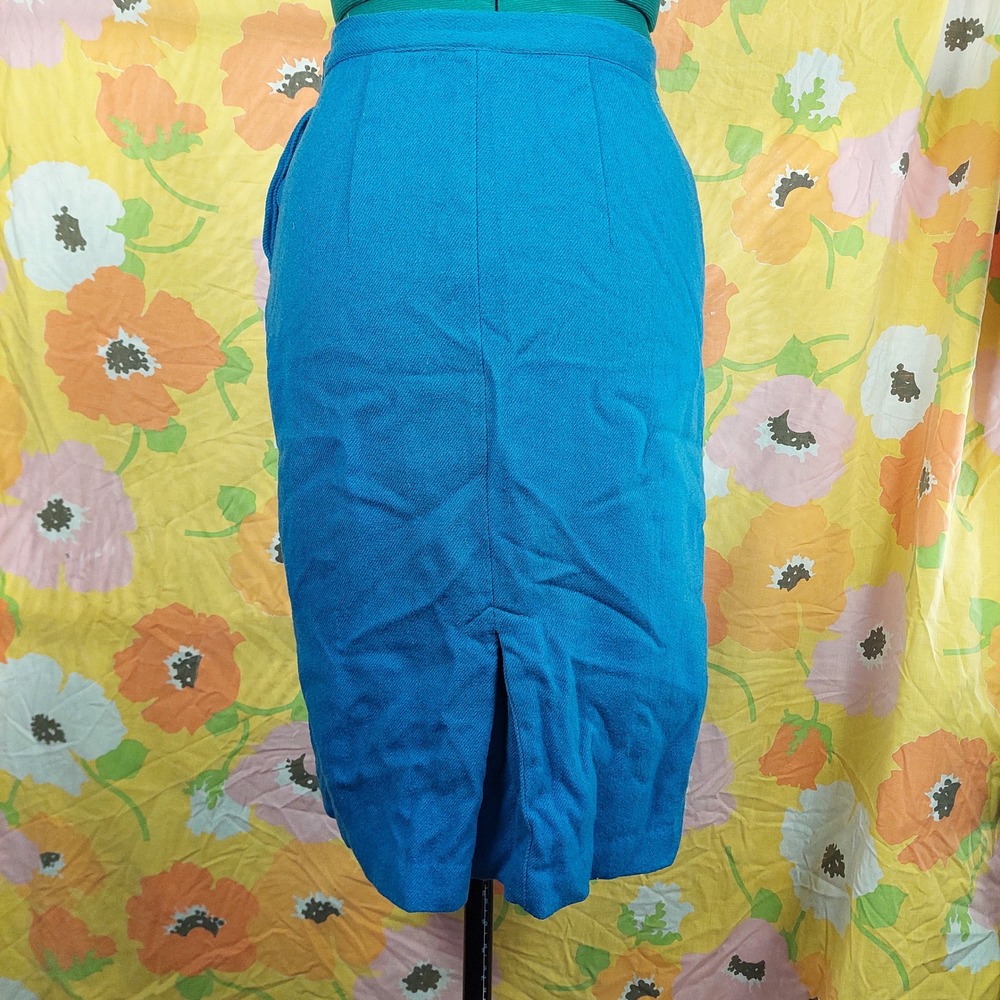 Vintage 50s 60s Homemade Blue Pencil Skirt High Waist Metal Zip Kick Pleat